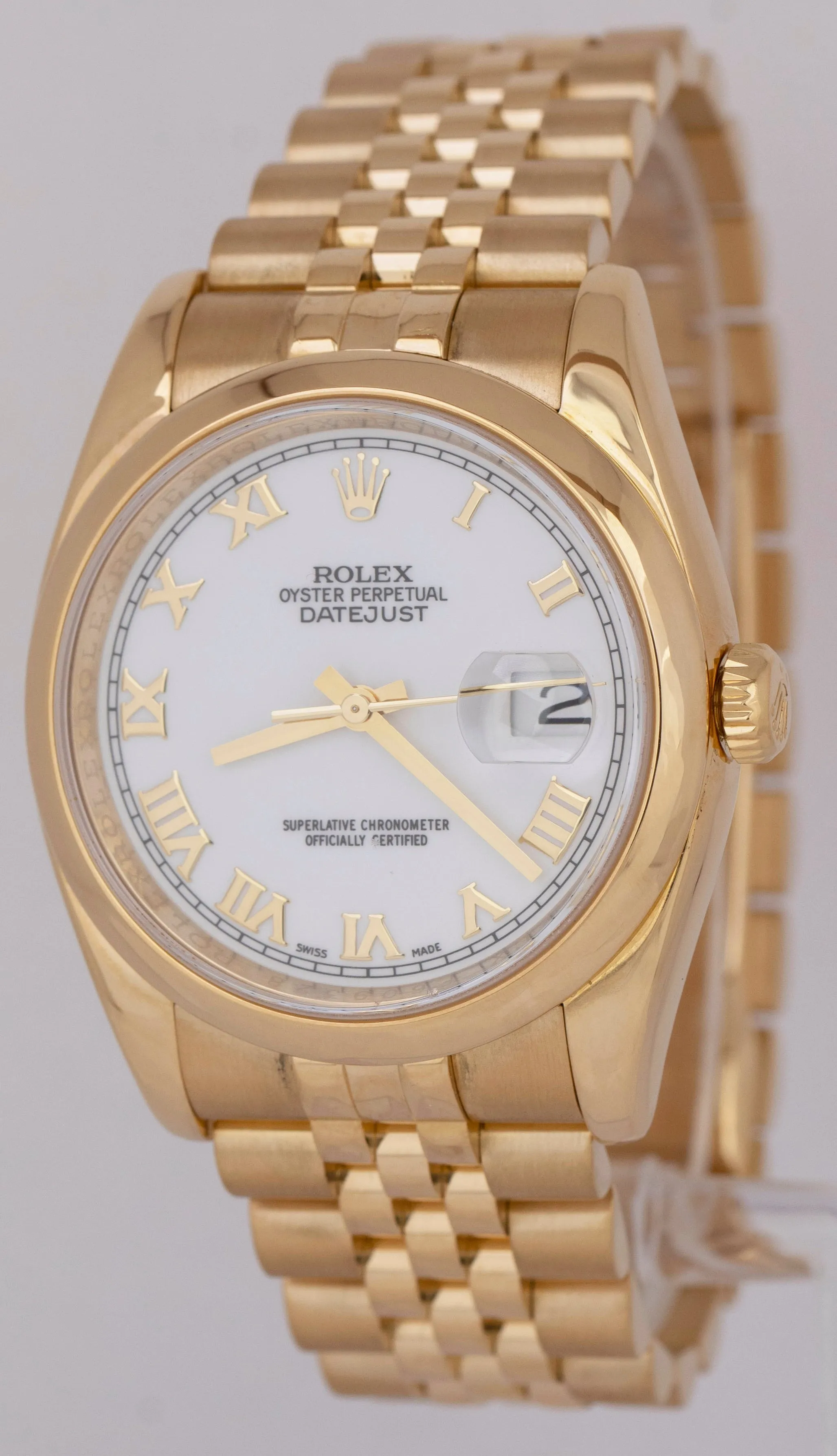 Rolex DateJust 36mm White Roman 18K Yellow Gold Smooth Jubilee Watch 116208