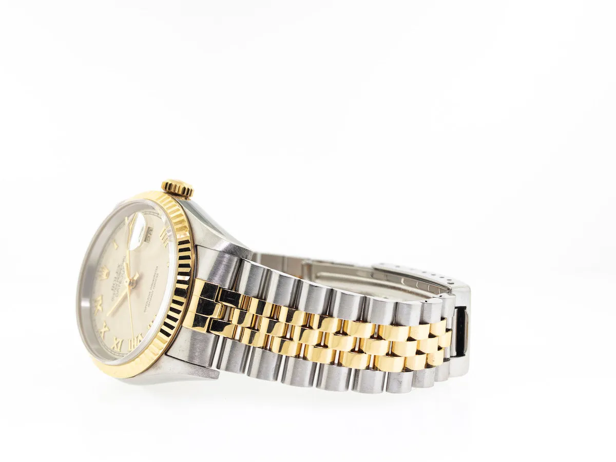 Rolex Datejust 36mm Yellow Gold & Steel Ivory Pyramid Dial & Fluted Bezel 16233