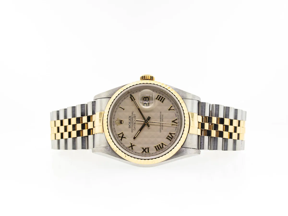 Rolex Datejust 36mm Yellow Gold & Steel Ivory Pyramid Dial & Fluted Bezel 16233