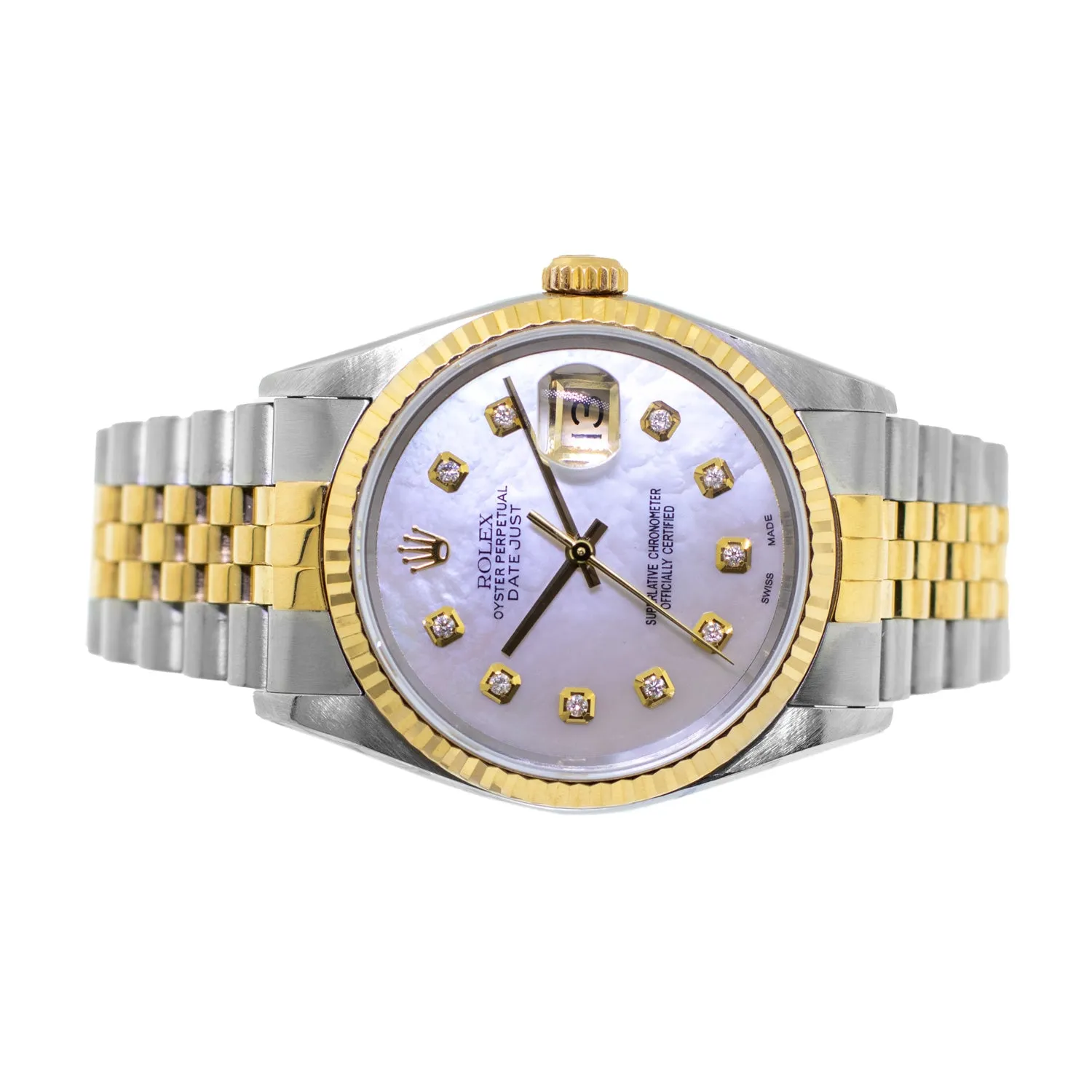 Rolex Datejust 36mm Yellow Gold Steel Mother of Pearl Diamond Dial, Fluted Bezel 16233