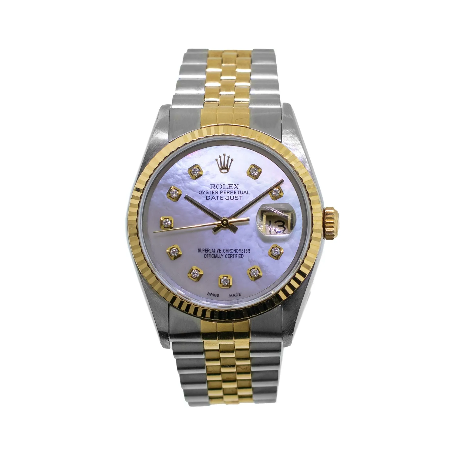 Rolex Datejust 36mm Yellow Gold Steel Mother of Pearl Diamond Dial, Fluted Bezel 16233