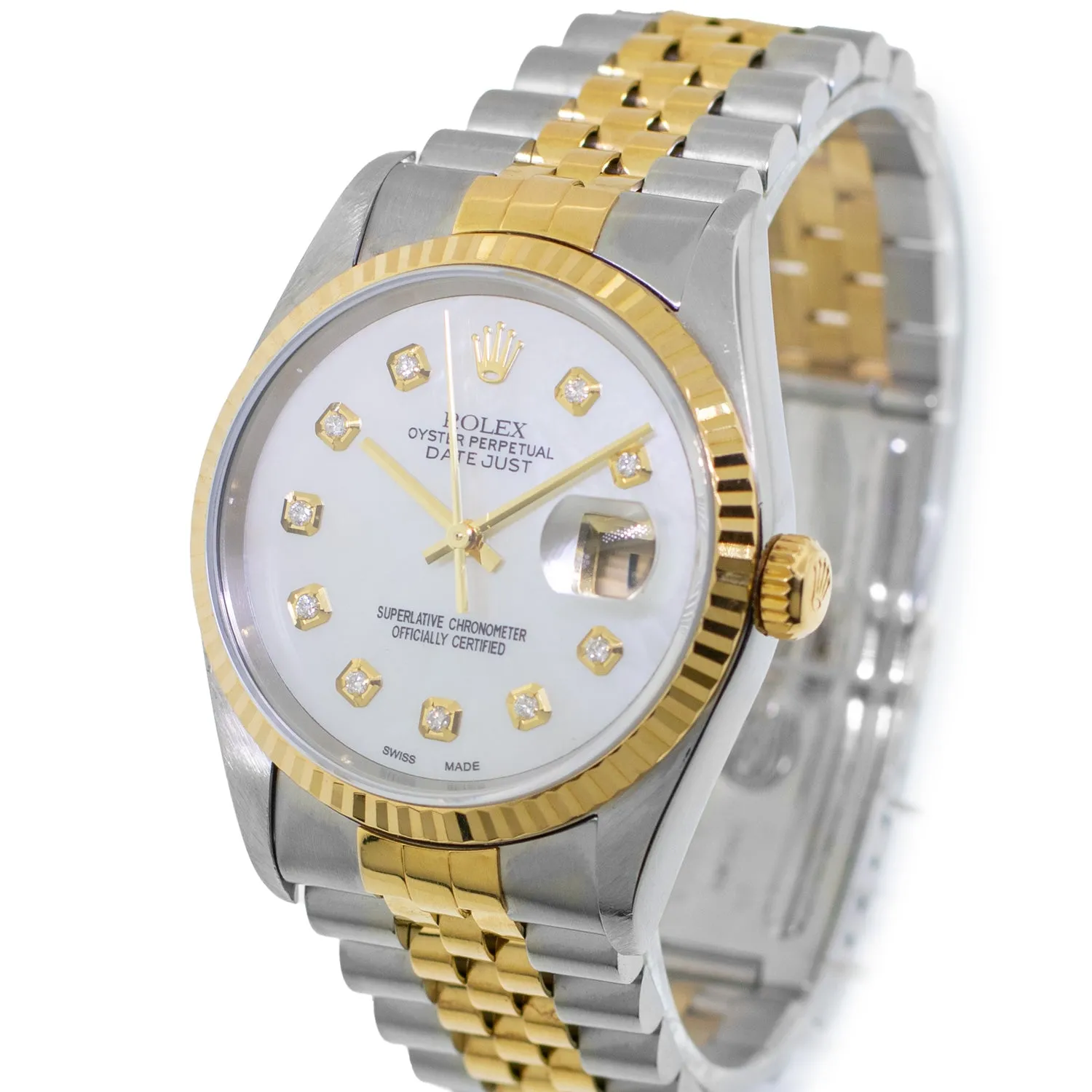 Rolex Datejust 36mm Yellow Gold Steel Mother of Pearl Diamond Dial, Fluted Bezel 16233