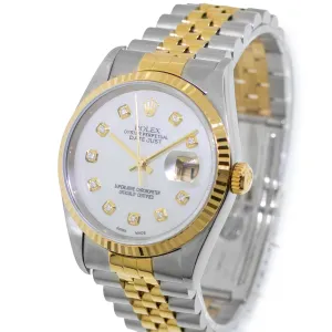 Rolex Datejust 36mm Yellow Gold Steel Mother of Pearl Diamond Dial, Fluted Bezel 16233