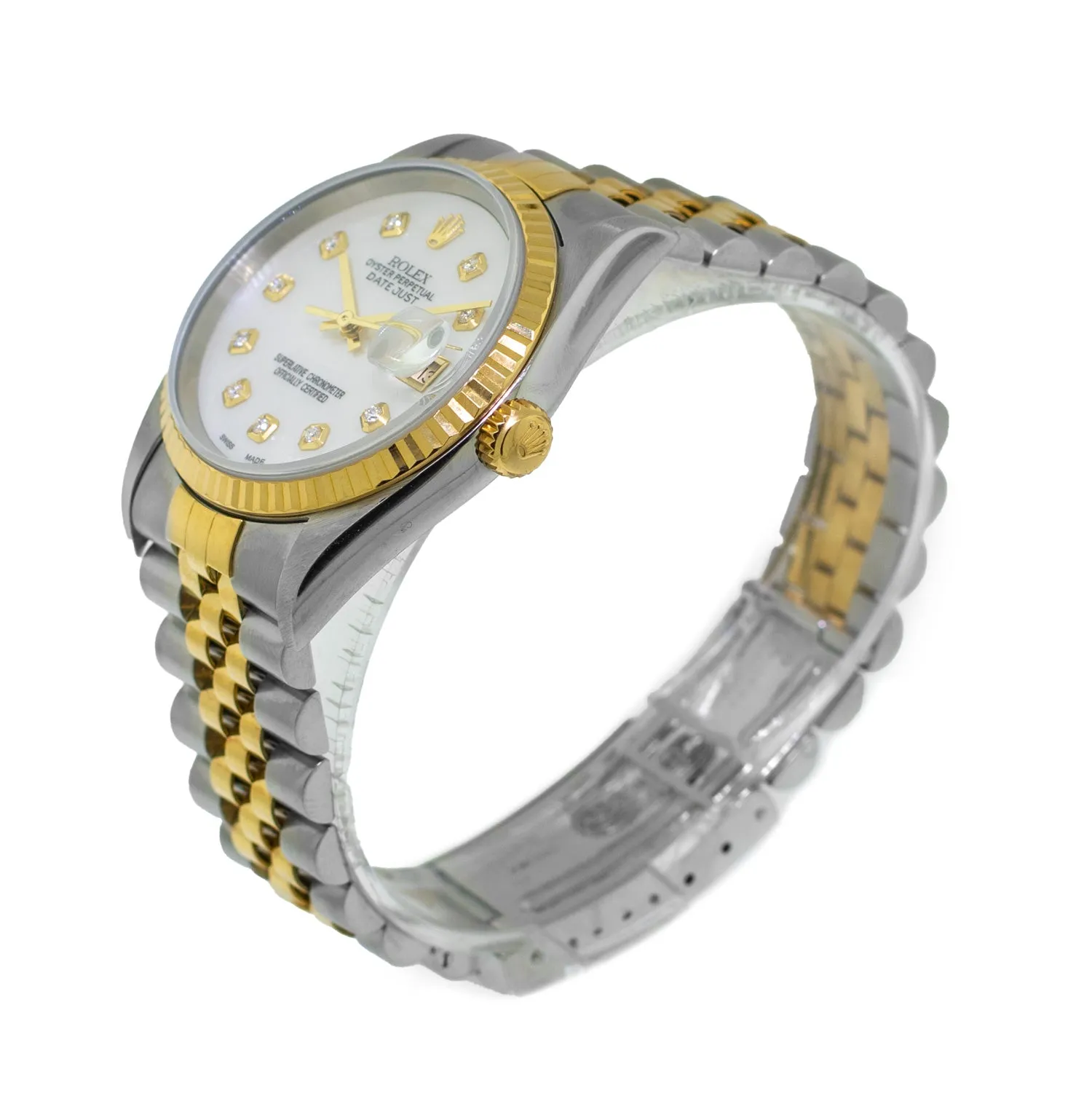 Rolex Datejust 36mm Yellow Gold Steel Mother of Pearl Diamond Dial, Fluted Bezel 16233