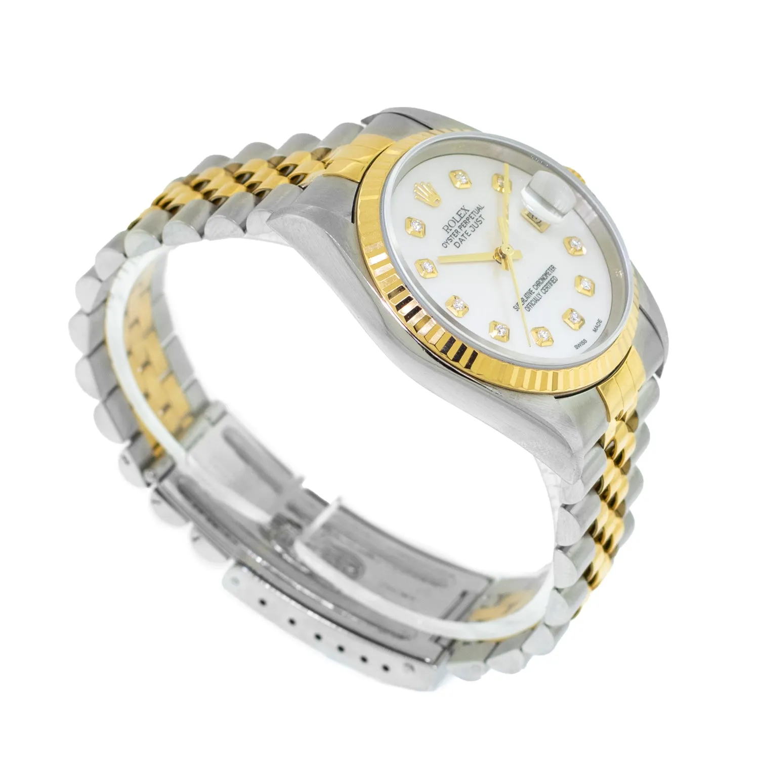 Rolex Datejust 36mm Yellow Gold Steel Mother of Pearl Diamond Dial, Fluted Bezel 16233