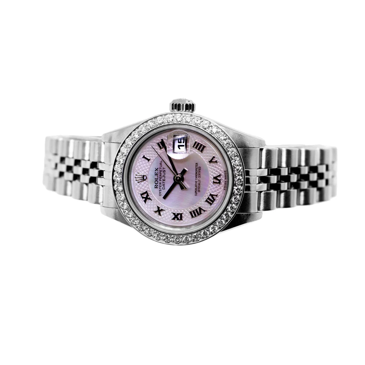 Rolex Lady-Datejust 26mm Stainless Steel Pink Mother of Pearl Deco Roman Dial & Custom Diamond Bezel 69174