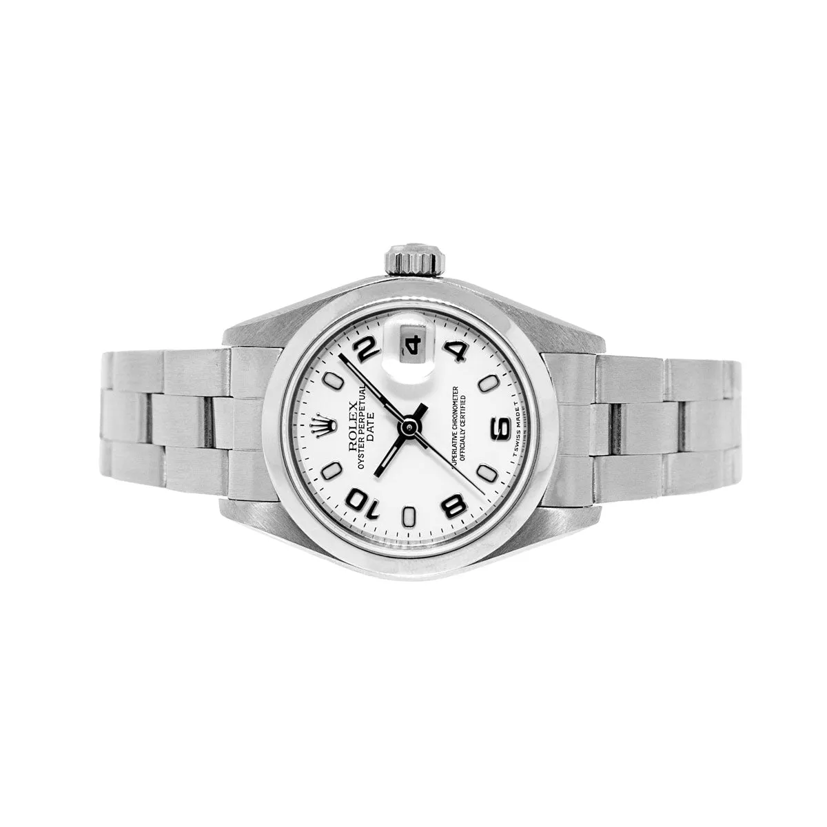 Rolex Lady Oyster Perpetual Date 26mm Stainless Steel White Arabic Dial & Smooth Bezel 69160