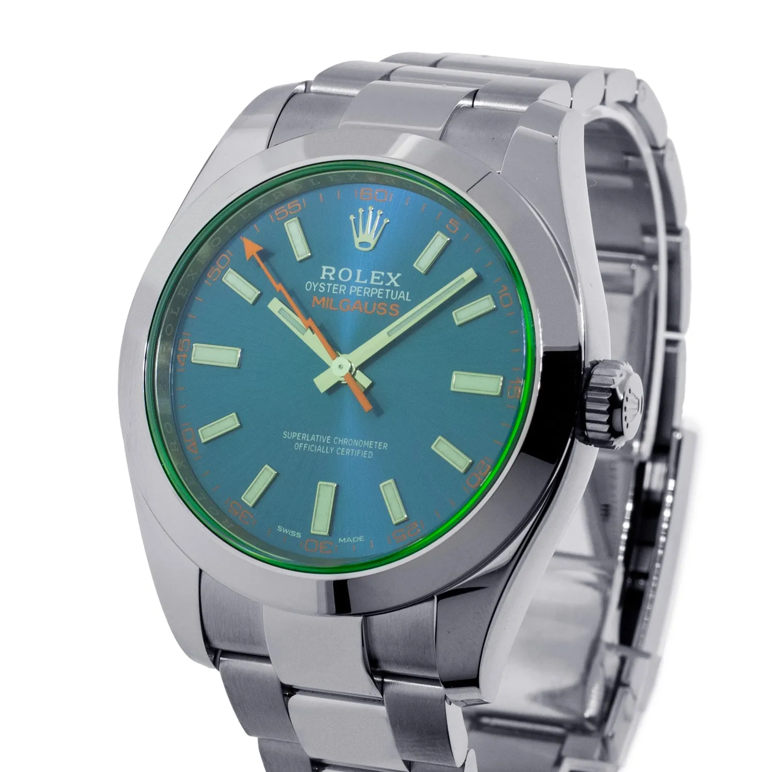 Rolex Milgauss 40mm Stainless Steel Green Crystal Blue Dial 116400