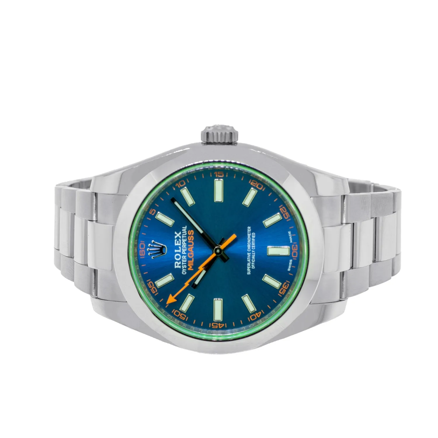 Rolex Milgauss 40mm Stainless Steel Green Crystal Blue Dial 116400