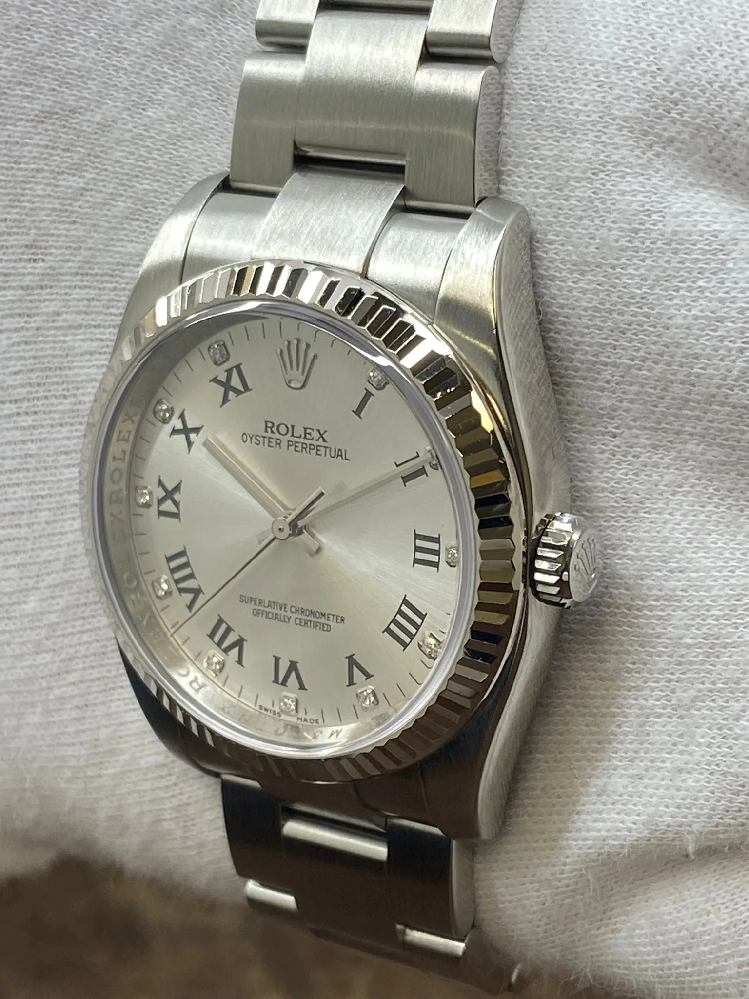 Rolex Oyster Perpetual 36mm 116034 Silver Roman Diamond Dial Automatic Watch