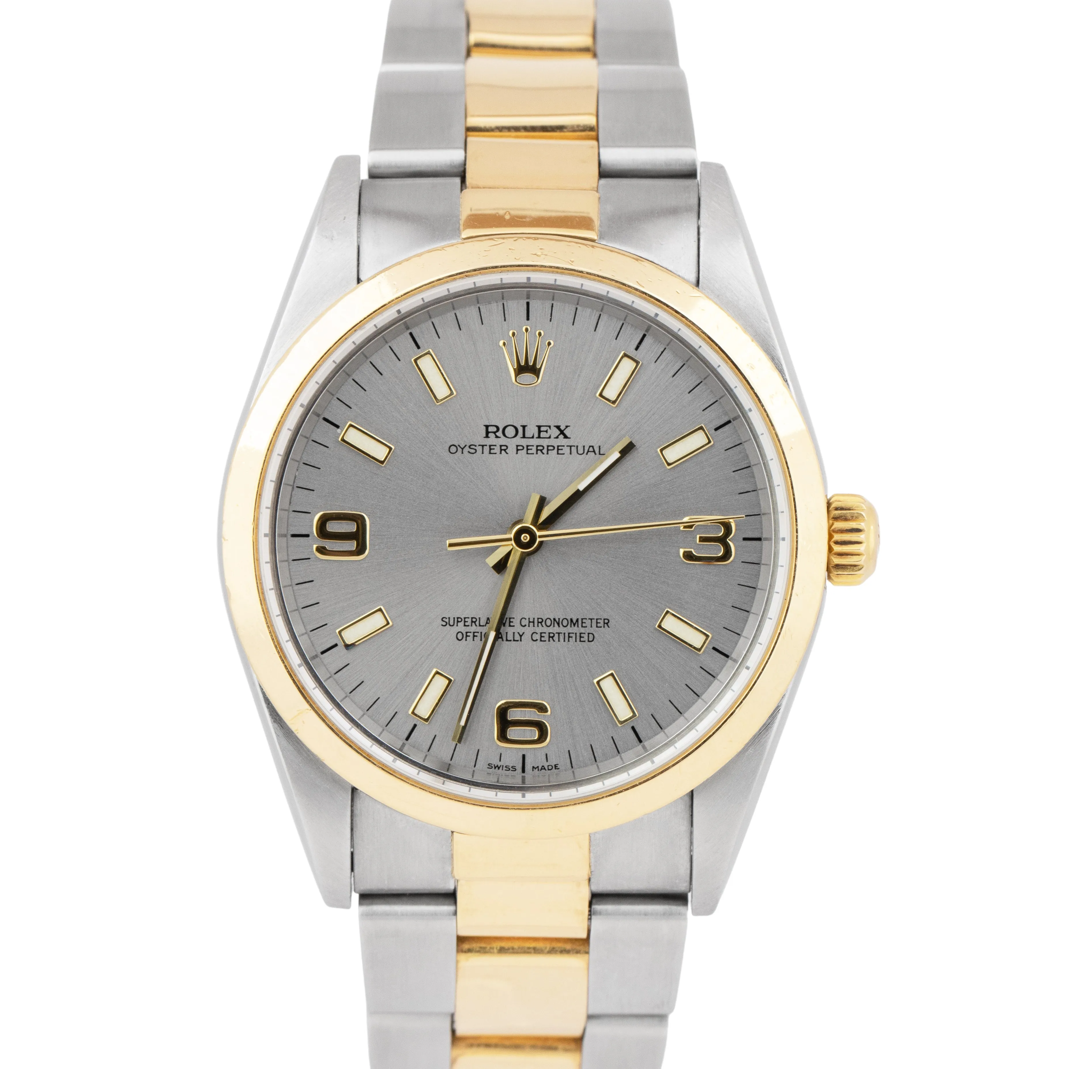 Rolex Oyster Perpetual NO-HOLES CASE Slate Gray Two-Tone Gold 34mm Watch 14203