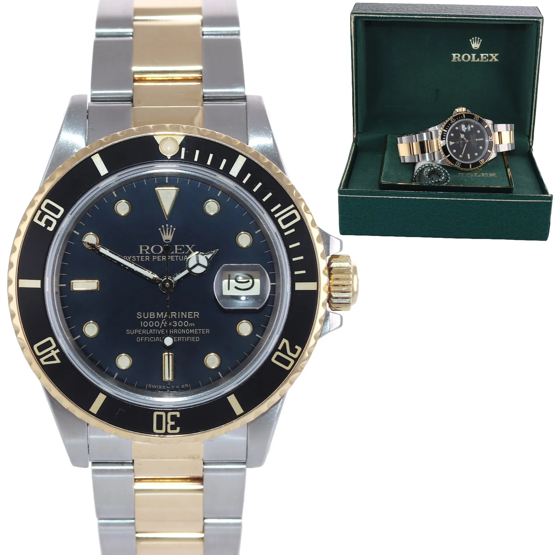 Rolex Submariner Date 16803 18K Gold Steel Two Tone Black Dial Watch Box