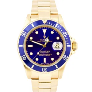 Rolex Submariner Date BLUE 18K Yellow Gold 40mm Oyster Automatic Watch 16618 LB