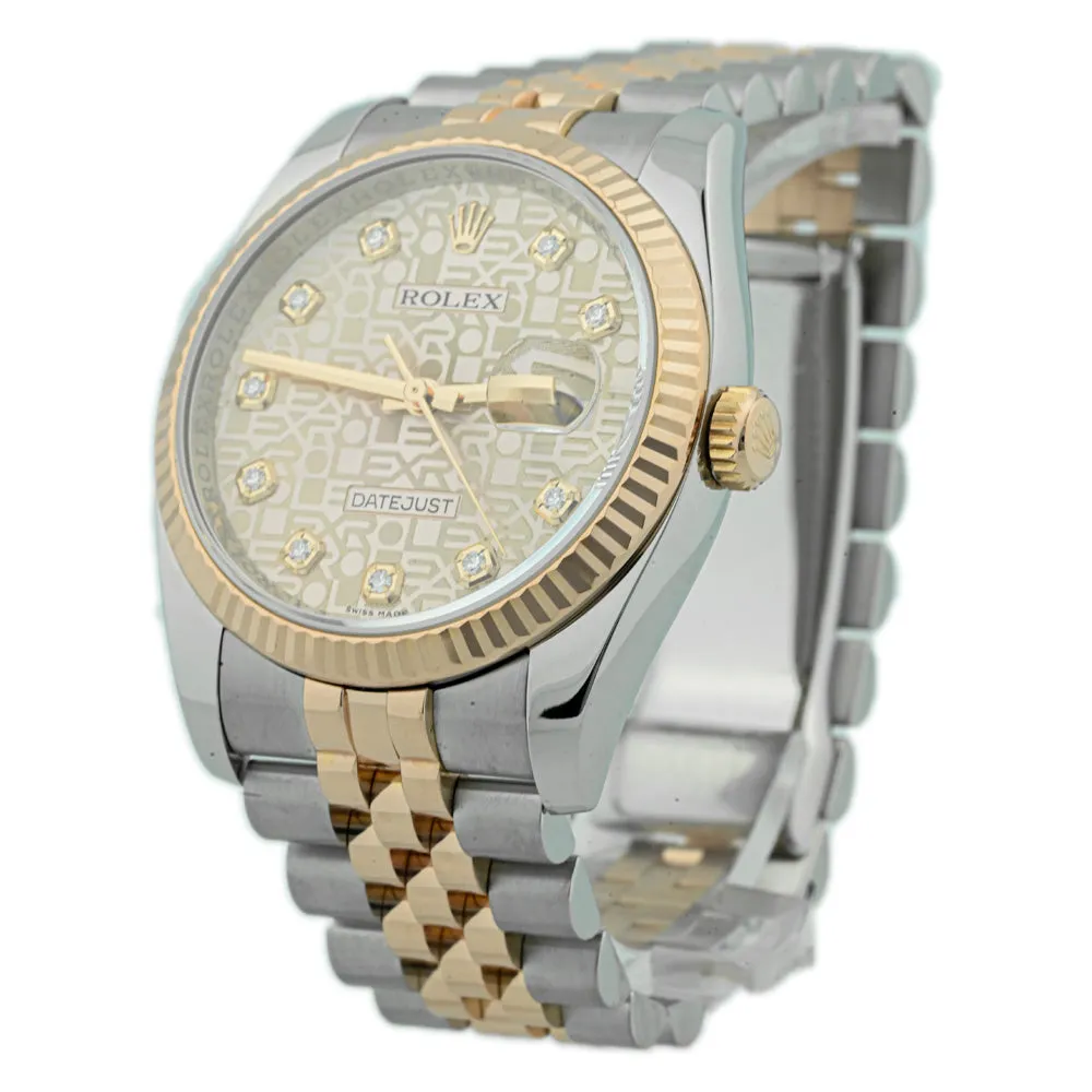 Rolex Unisex Datejust 18K Rose Gold & Steel 36mm Pink Rolex Print Diamond Dial Watch Reference #: 116231