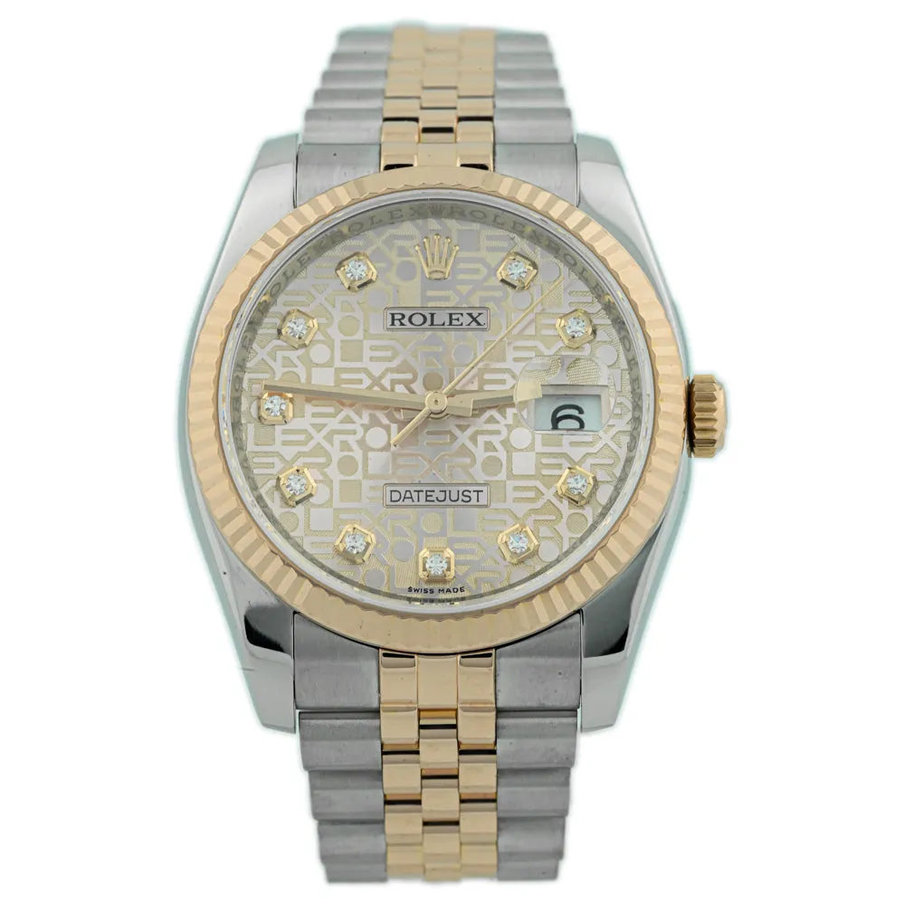 Rolex Unisex Datejust 18K Rose Gold & Steel 36mm Pink Rolex Print Diamond Dial Watch Reference #: 116231
