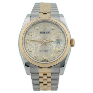 Rolex Unisex Datejust 18K Rose Gold & Steel 36mm Pink Rolex Print Diamond Dial Watch Reference #: 116231