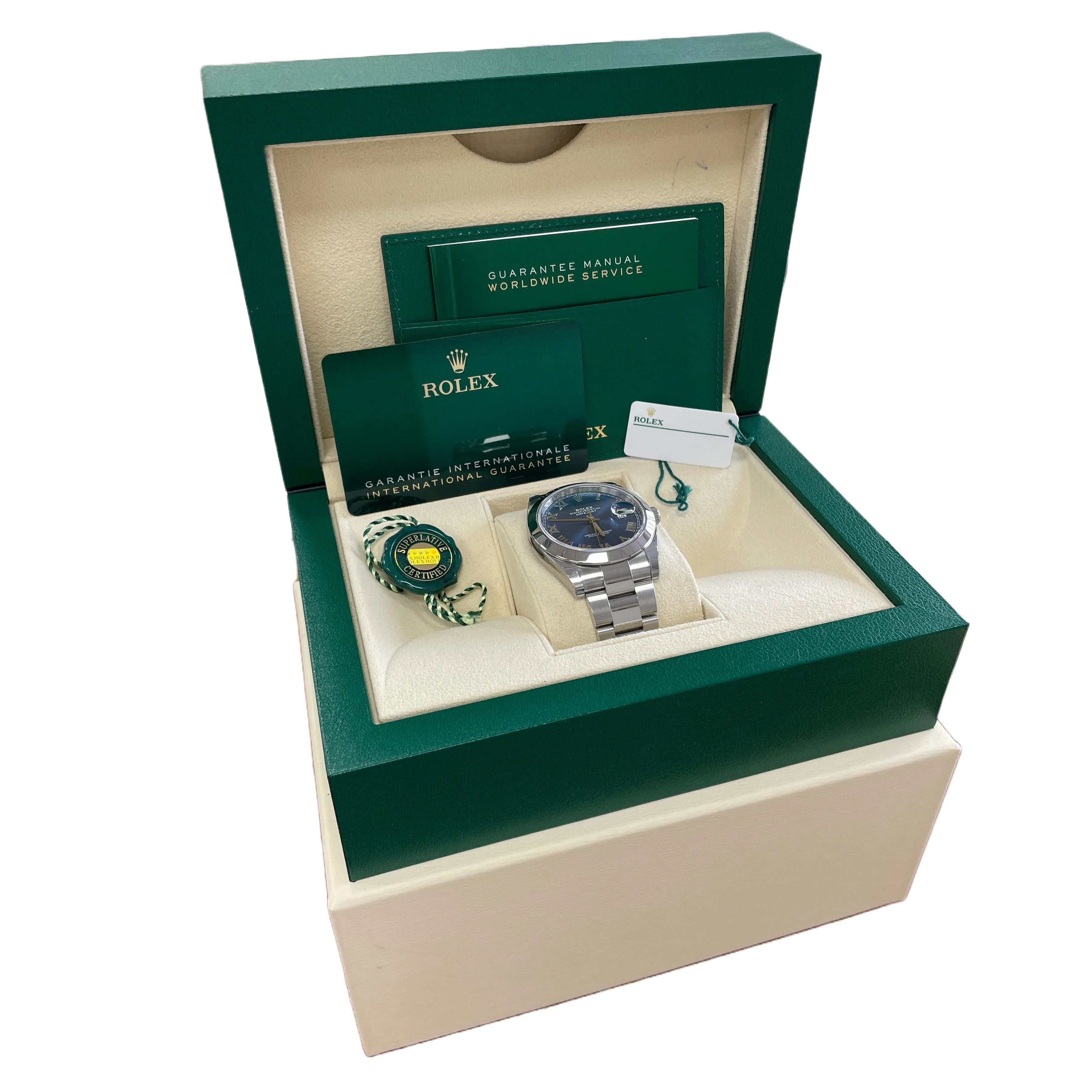 STICKERED 2021 PAPERS Rolex DateJust 41 AZZURRO BLUE Steel Oyster 126300 B P
