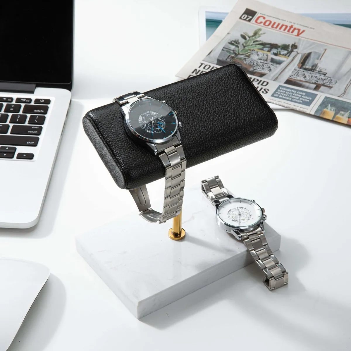 Watch Display Stand - Dual  Leather Watch Holder Stand with Marble Base