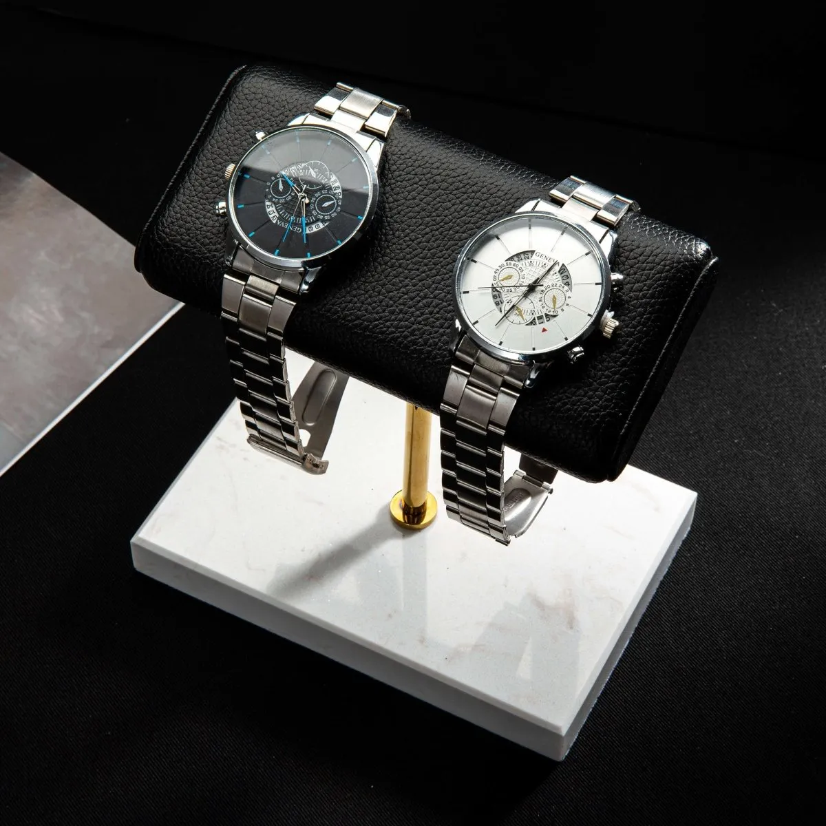 Watch Display Stand - Dual  Leather Watch Holder Stand with Marble Base