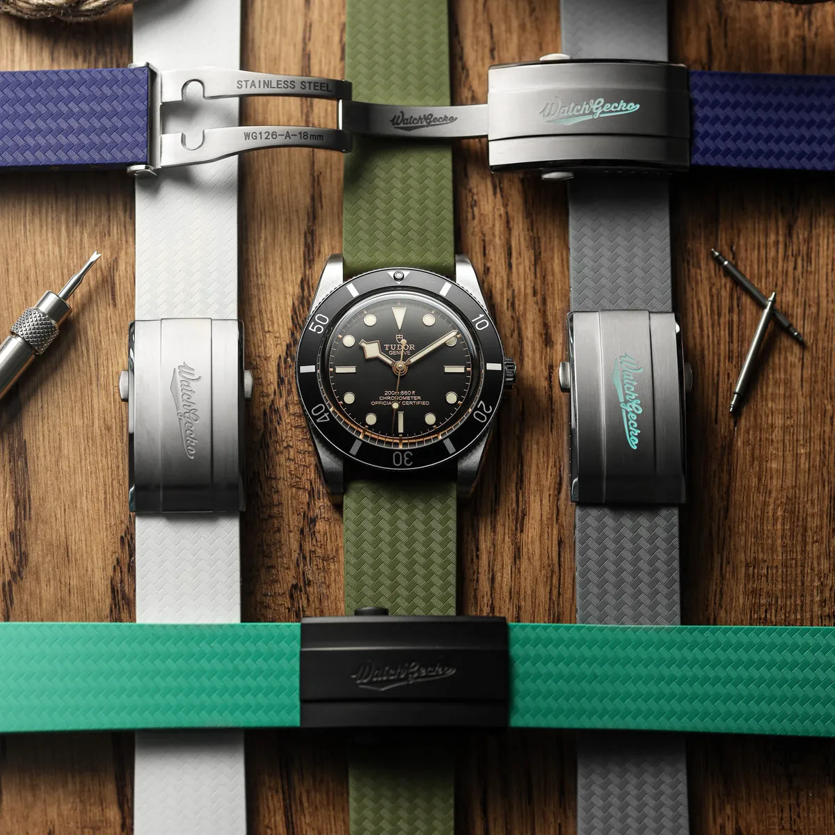 WatchGecko 400 Italian Rubber Divers Reversible Watch Strap - Military Green - Brushed / Polished