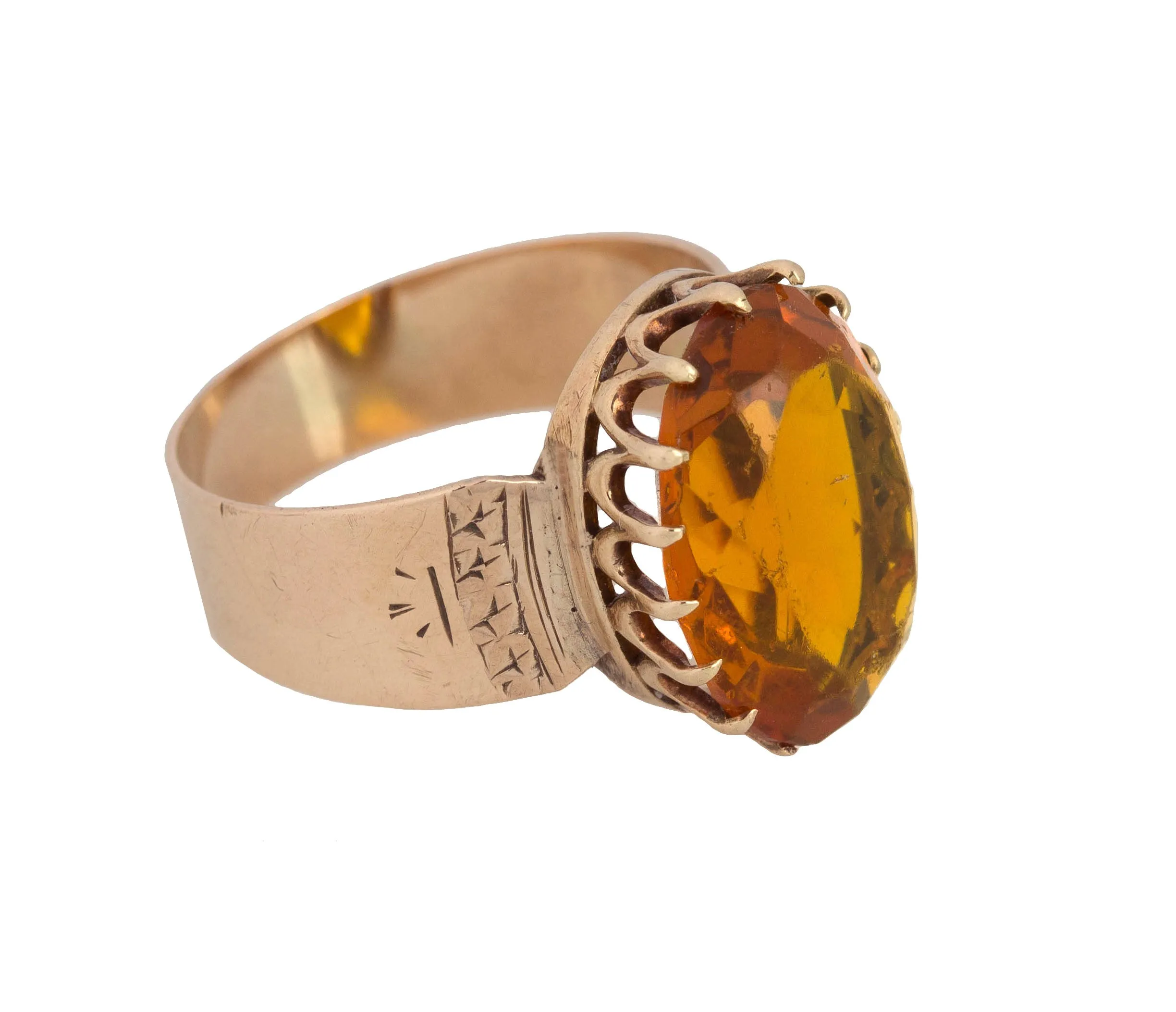 Womens Vintage Estate 14K Pink Gold 4.68CT Citrine Gemstone Etched Cocktail Ring