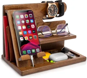 Wood Phone Docking Station - Nightstand Organizer - Desk Organizer for Husband - Birthday Gifts for Men or Dad - Idea for Anniversary from Wife - Key Holder - Stand for Wallet & Watch (Beige)