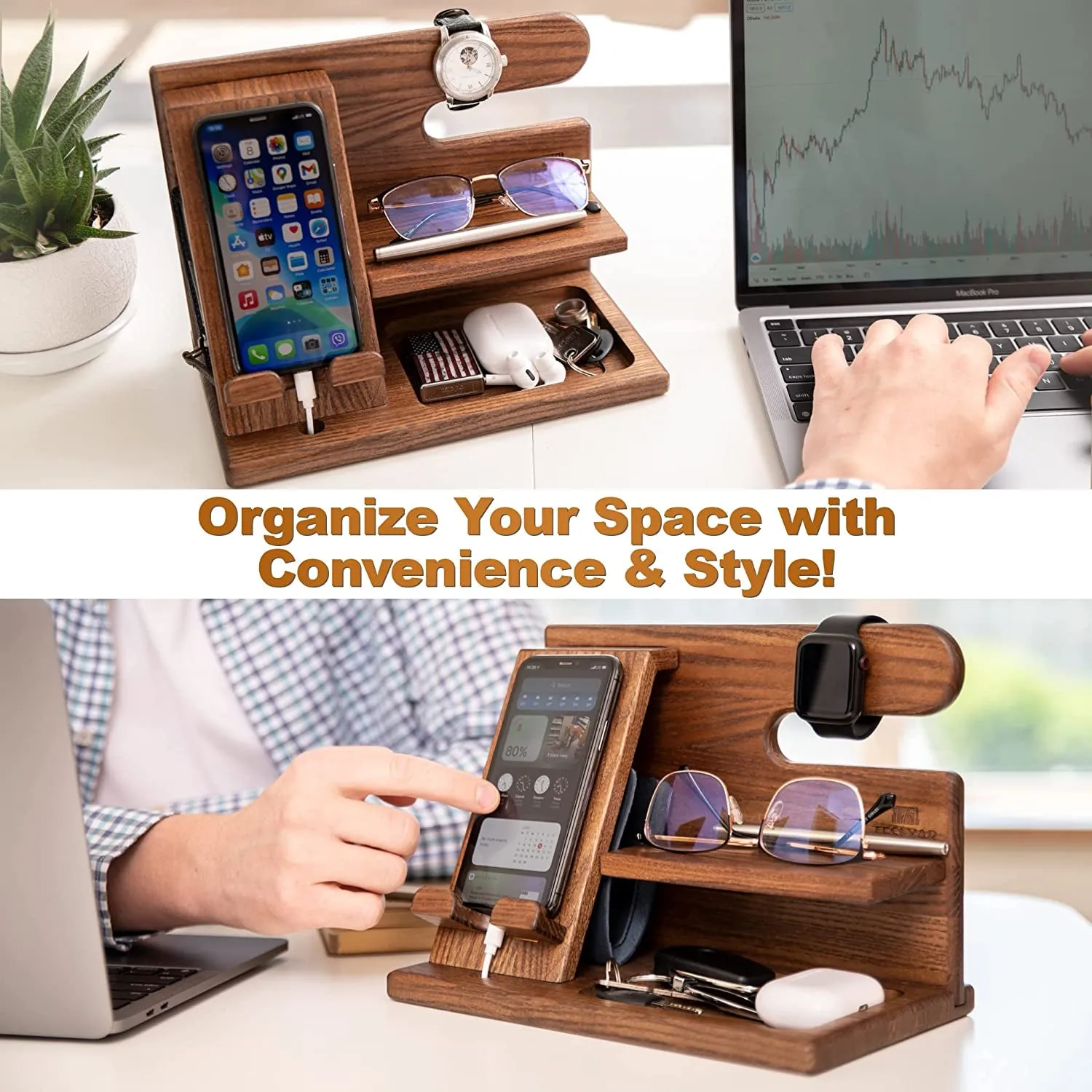 Wood Phone Docking Station - Nightstand Organizer - Desk Organizer for Husband - Birthday Gifts for Men or Dad - Idea for Anniversary from Wife - Key Holder - Stand for Wallet & Watch (Beige)