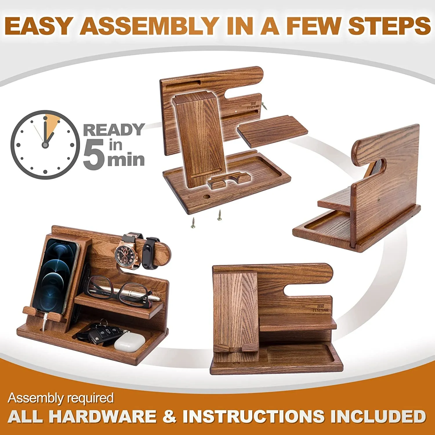 Wood Phone Docking Station - Nightstand Organizer - Desk Organizer for Husband - Birthday Gifts for Men or Dad - Idea for Anniversary from Wife - Key Holder - Stand for Wallet & Watch (Beige)