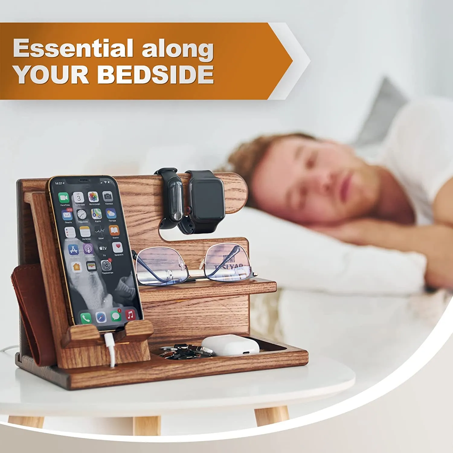Wood Phone Docking Station - Nightstand Organizer - Desk Organizer for Husband - Birthday Gifts for Men or Dad - Idea for Anniversary from Wife - Key Holder - Stand for Wallet & Watch (Beige)