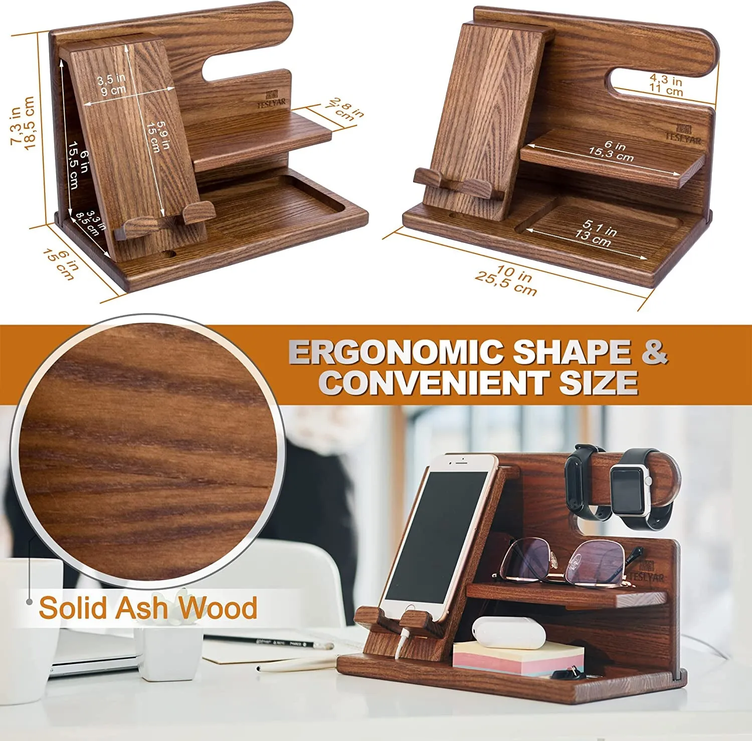 Wood Phone Docking Station - Nightstand Organizer - Desk Organizer for Husband - Birthday Gifts for Men or Dad - Idea for Anniversary from Wife - Key Holder - Stand for Wallet & Watch (Beige)