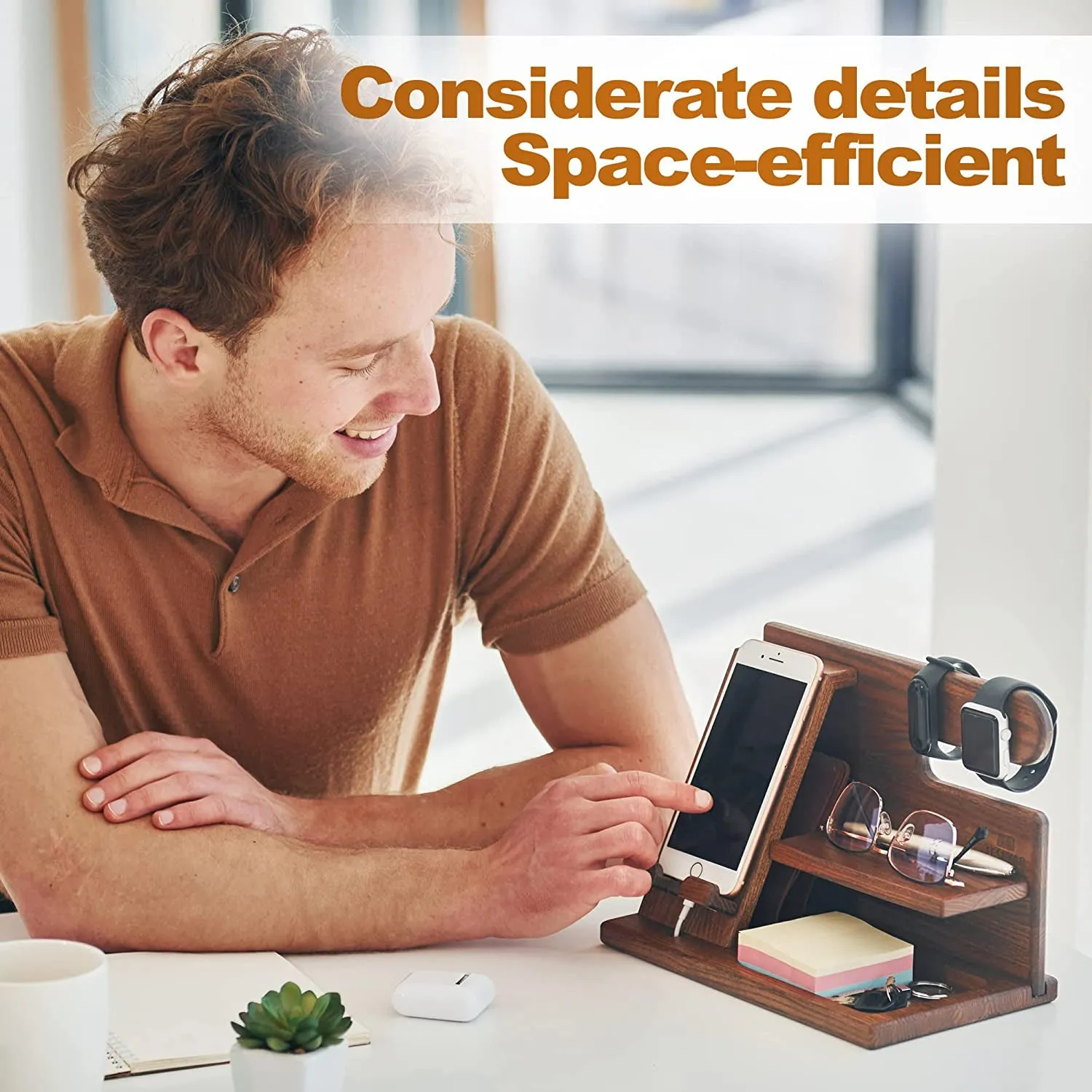 Wood Phone Docking Station - Nightstand Organizer - Desk Organizer for Husband - Birthday Gifts for Men or Dad - Idea for Anniversary from Wife - Key Holder - Stand for Wallet & Watch (Beige)