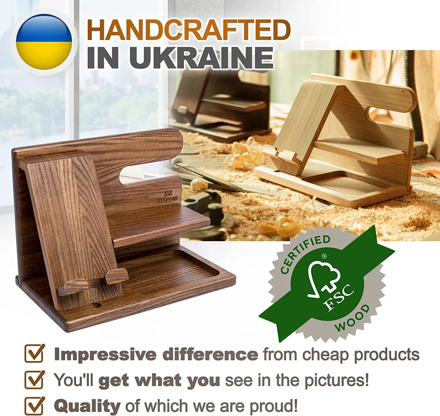 Wood Phone Docking Station - Nightstand Organizer - Desk Organizer for Husband - Birthday Gifts for Men or Dad - Idea for Anniversary from Wife - Key Holder - Stand for Wallet & Watch (Beige)