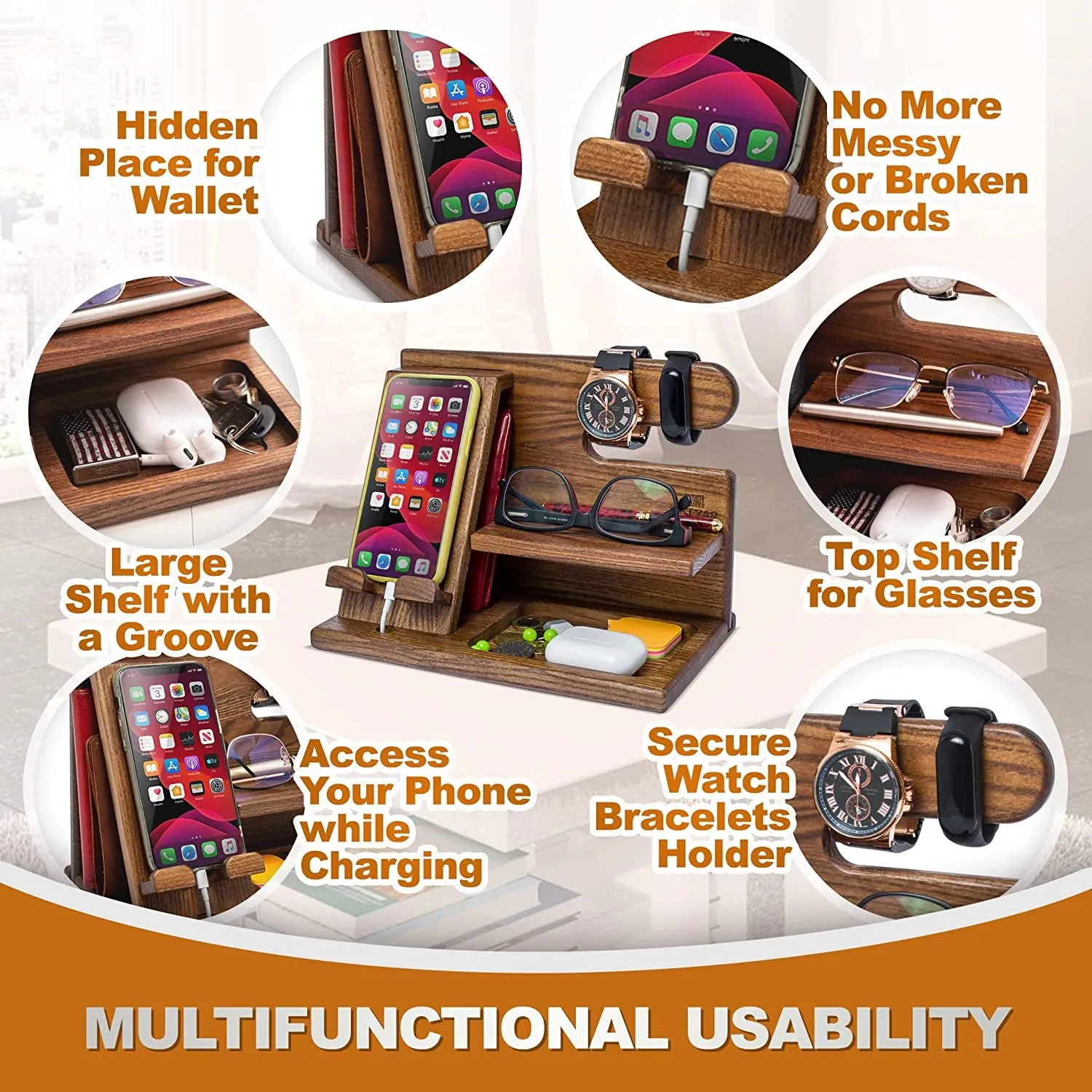 Wood Phone Docking Station - Nightstand Organizer - Desk Organizer for Husband - Birthday Gifts for Men or Dad - Idea for Anniversary from Wife - Key Holder - Stand for Wallet & Watch (Beige)
